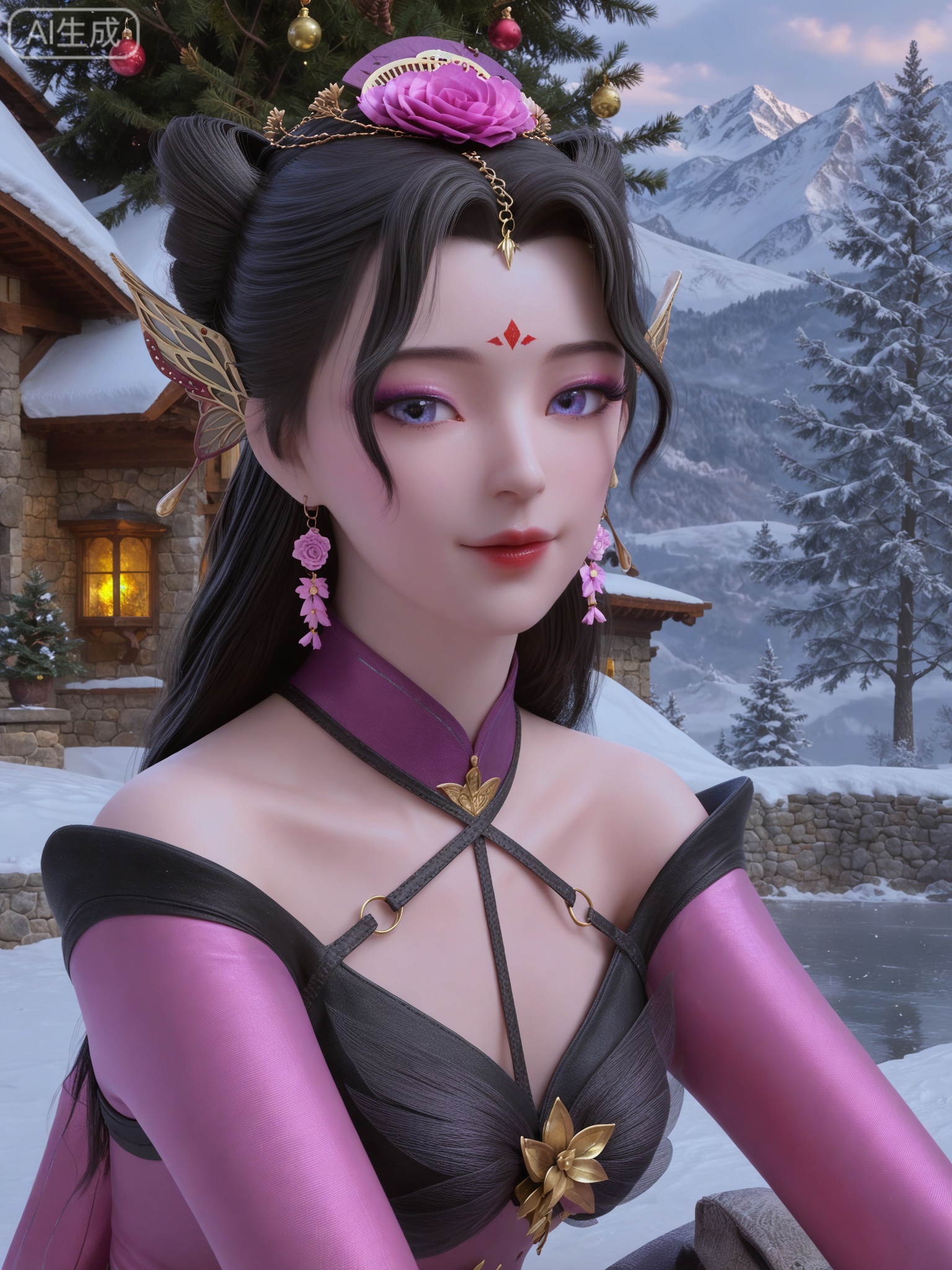 score_9,score_8_up,score_7_up,masterpiece,(best quality),(intricate details:0.9) BREAK (intricate details:0.9),(realistic skin:1.2),masterpiece,best quality,newest,absurdres,hiahres,1girl,jewelry,hair ornament,dress,necklace,lips,eyeshadow,bracelet,tassel,(8k ultra-clear, pony style),photo pose 0.6, micro-expression: soft smile 0.3, half-body + medium shot 0.7,1girl,looking_at_viewer,1boy,hair,realistic,photorealistic,Vivid Colors,bright environment,shiny skin,shiny hairjewelry,detail eyes,Eyes highlights,glowing,sunshine,bright,reflection,bright,sunshine on face,shiny,shinny,petite,thin,leg slimming,lose weight,slim hips,lakeside,delicate water,reflection,(full body:0.8)sitting_down,eyelashes,snow,Winter,Snowy landscape,Snow accumulation,Christmas tree,black-hair,