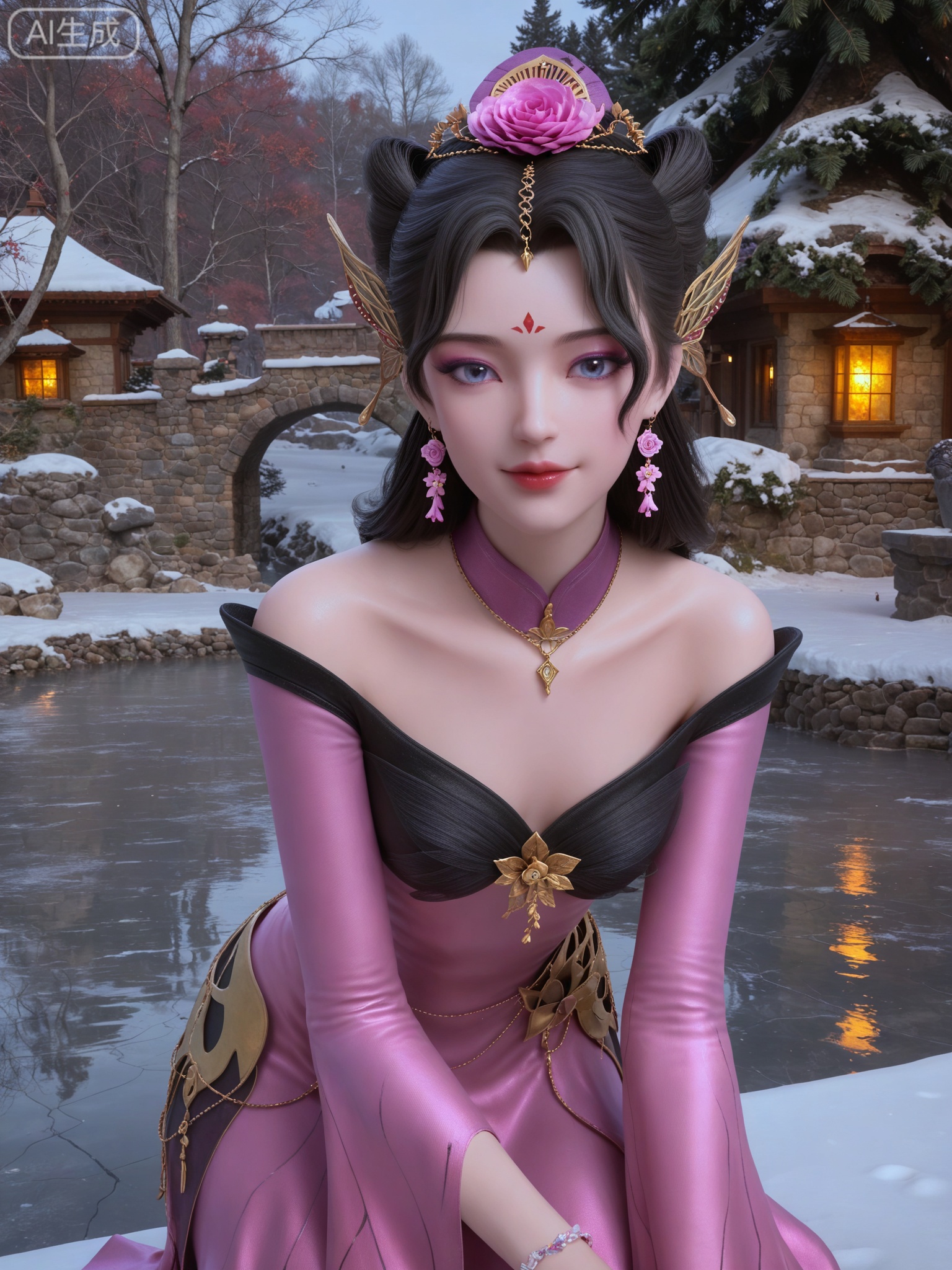 score_9,score_8_up,score_7_up,masterpiece,(best quality),(intricate details:0.9) BREAK (intricate details:0.9),(realistic skin:1.2),masterpiece,best quality,newest,absurdres,hiahres,1girl,jewelry,hair ornament,dress,necklace,lips,eyeshadow,bracelet,tassel,(8k ultra-clear, pony style),photo pose 0.6, micro-expression: soft smile 0.3, half-body + medium shot 0.7,1girl,looking_at_viewer,1boy,hair,realistic,photorealistic,Vivid Colors,bright environment,shiny skin,shiny hairjewelry,detail eyes,Eyes highlights,glowing,sunshine,bright,reflection,bright,sunshine on face,shiny,shinny,petite,thin,leg slimming,lose weight,slim hips,lakeside,delicate water,reflection,(full body:0.8)sitting_down,eyelashes,snow,Winter,Snowy landscape,Snow accumulation,Christmas tree,black-hair,