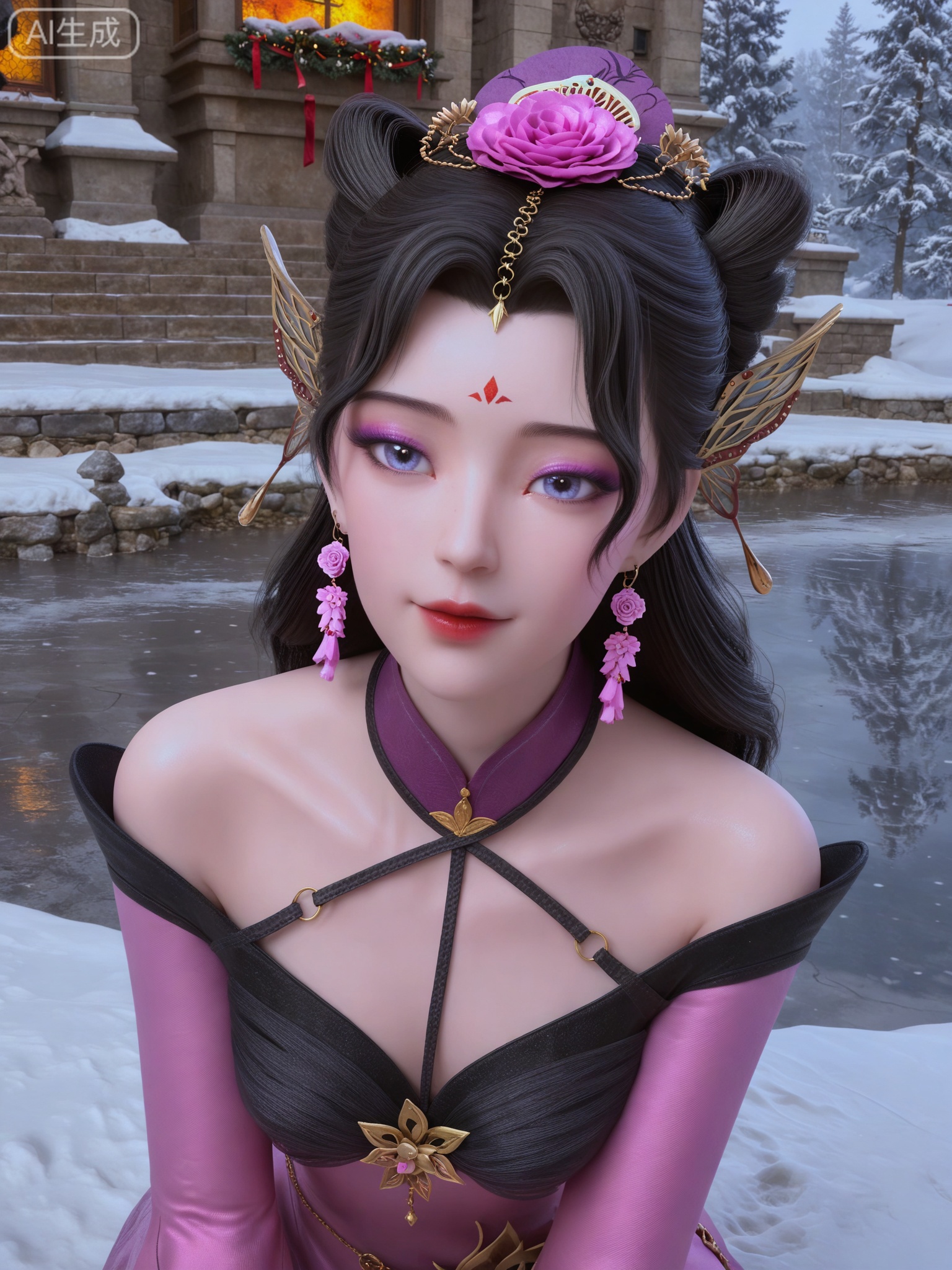 score_9,score_8_up,score_7_up,masterpiece,(best quality),(intricate details:0.9) BREAK (intricate details:0.9),(realistic skin:1.2),masterpiece,best quality,newest,absurdres,hiahres,1girl,jewelry,hair ornament,dress,necklace,lips,eyeshadow,bracelet,tassel,(8k ultra-clear, pony style),photo pose 0.6, micro-expression: soft smile 0.3, half-body + medium shot 0.7,1girl,looking_at_viewer,1boy,hair,realistic,photorealistic,Vivid Colors,bright environment,shiny skin,shiny hairjewelry,detail eyes,Eyes highlights,glowing,sunshine,bright,reflection,bright,sunshine on face,shiny,shinny,petite,thin,leg slimming,lose weight,slim hips,lakeside,delicate water,reflection,(full body:0.8)sitting_down,eyelashes,snow,Winter,Snowy landscape,Snow accumulation,Christmas tree,black-hair,