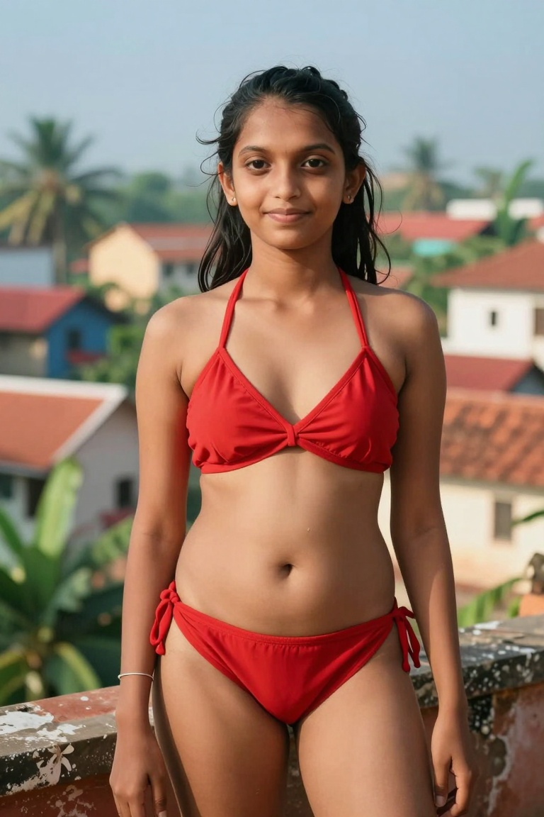 A young **** woman poses confidently in a stylish red bikini with an idyllic indian town backdrop,  capturing a summery,...