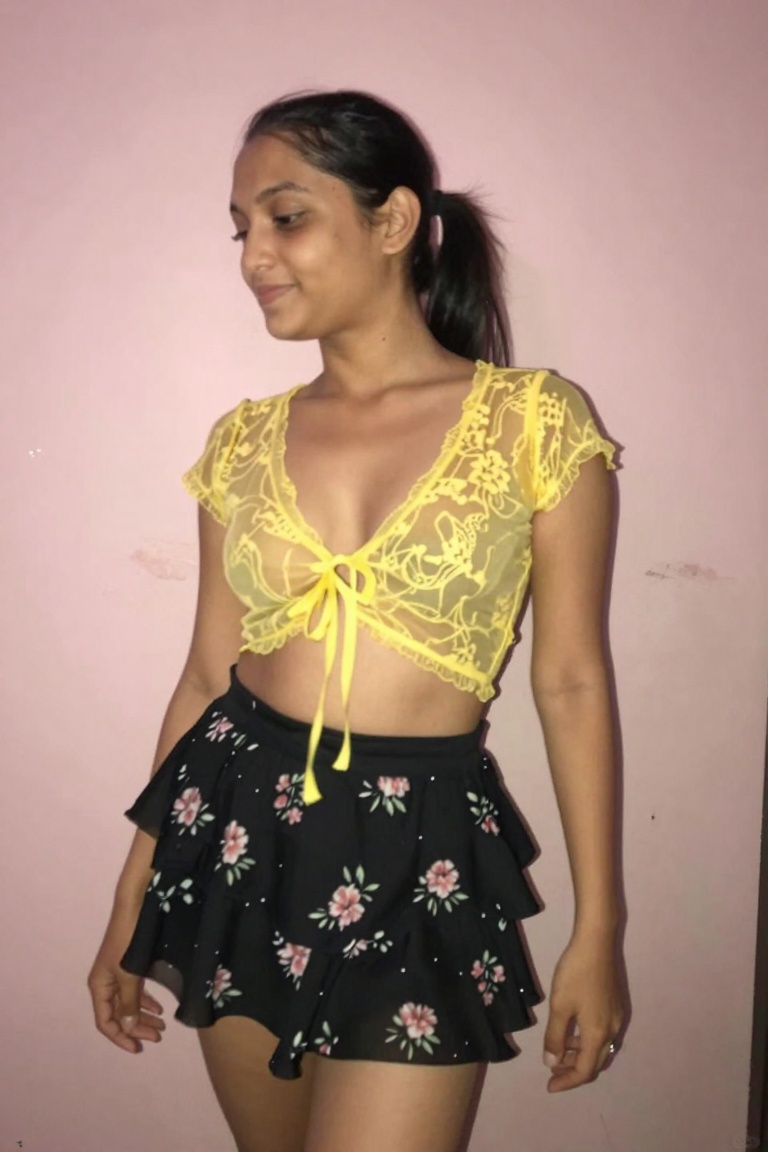 left side close up shot of a low quality blurry mobile photo,  slim ponytail hair girl wearing yellow lace_tie_top,  sheer...