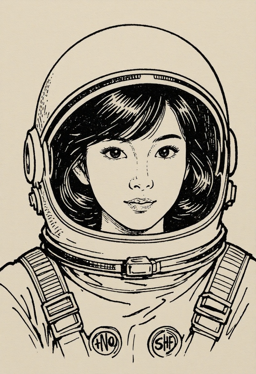illustration of Japanese woman 1960s Astronaut in style of ink sketch on construction paper. ((intricate paper texture)) o...