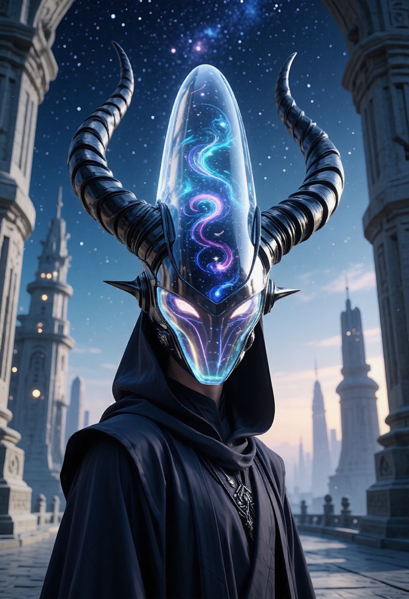Cinematic,  futuristic scene featuring a close-up portrait of a mysterious figure wearing a dark,  flowing robe. The figur...