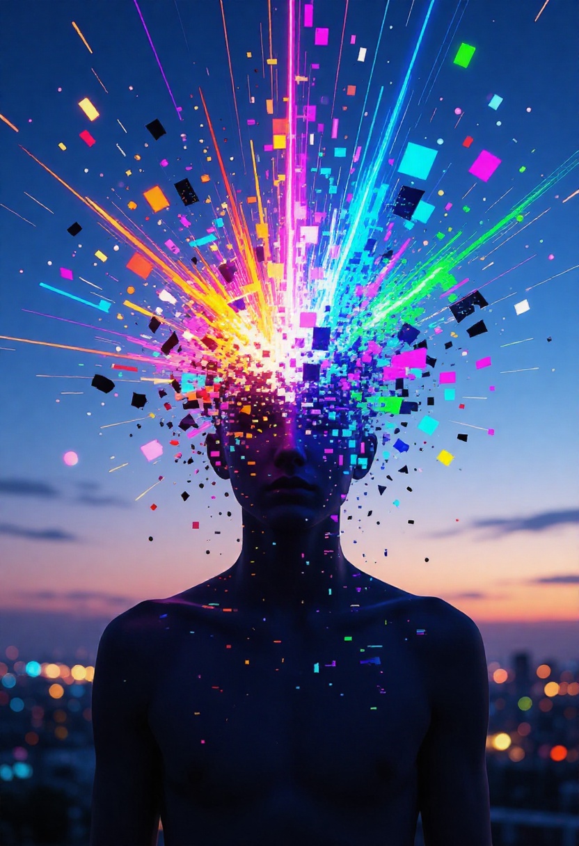 A surreal and glitch-inspired depiction of a figure with their head dissolving into a vibrant explosion of colorful light...