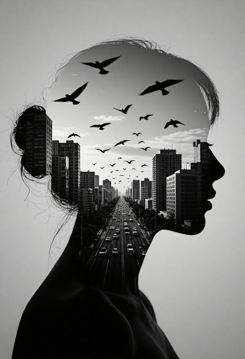 photorealistic silhouette of woman's head,  within which there appears to be a cityscape with buildings. (birds FLY BETWEE...