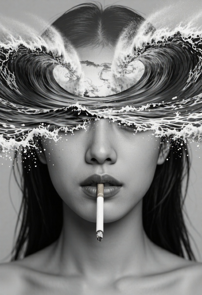 A surreal artwork showing a asian woman face with a cigarette in their mouth. upper face is obscured by what looks like a...
