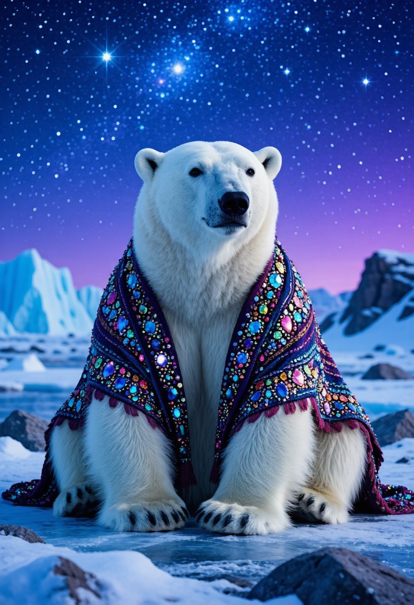 In this captivating realistic shot,  an anthropomorphic polar bear dressed in a richly textured,  jewel-toned shawl sits c...