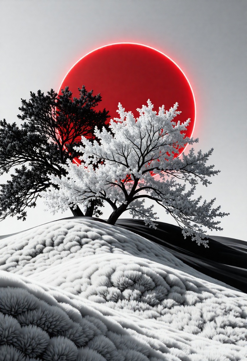 Abstract,  white fleecy hill,  sprawling black and white tree on Tensor.Art