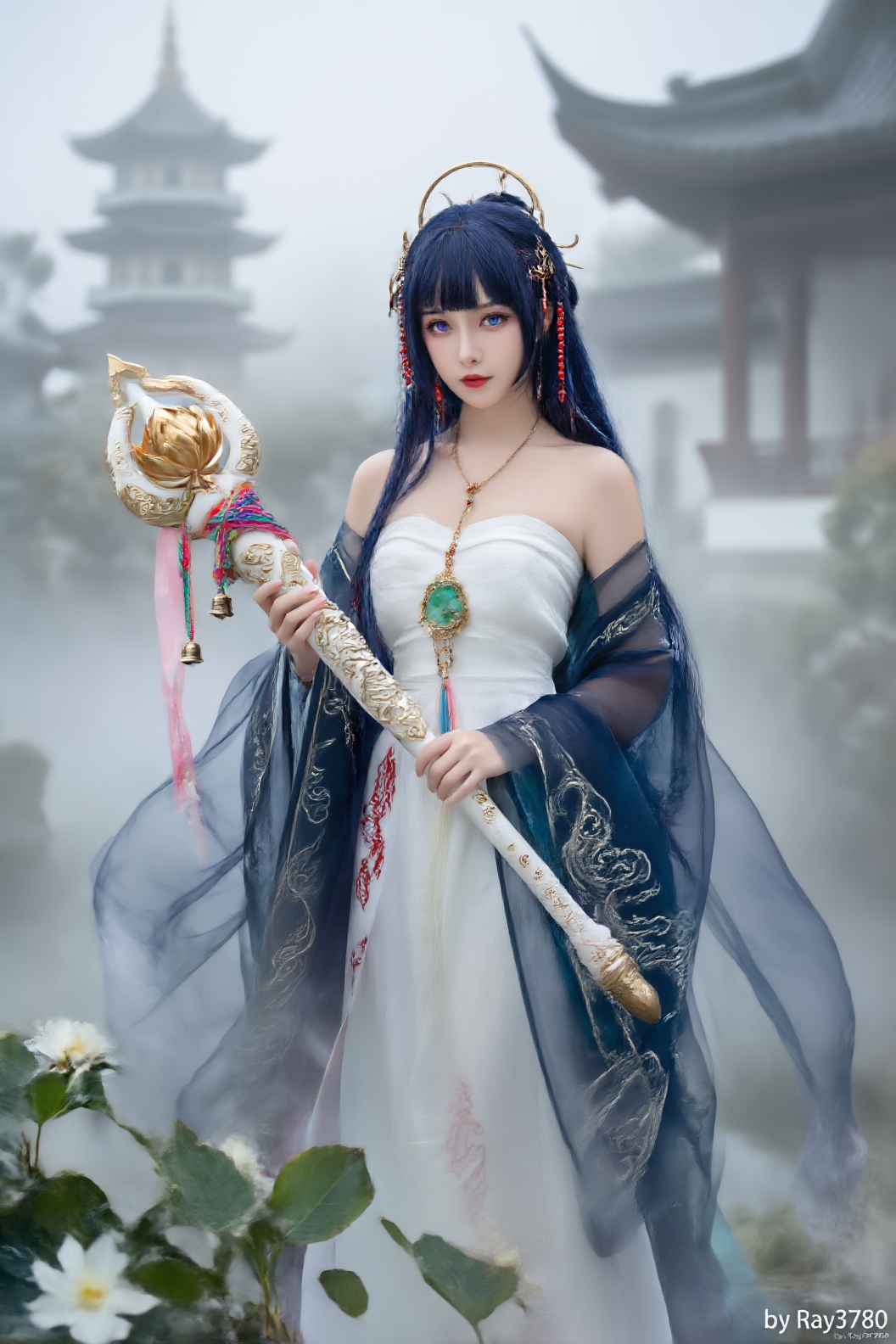 4K,  清晰对焦,  一位身着精致古风服饰的年轻女性立于朦胧雾气之中 on Tensor.Art