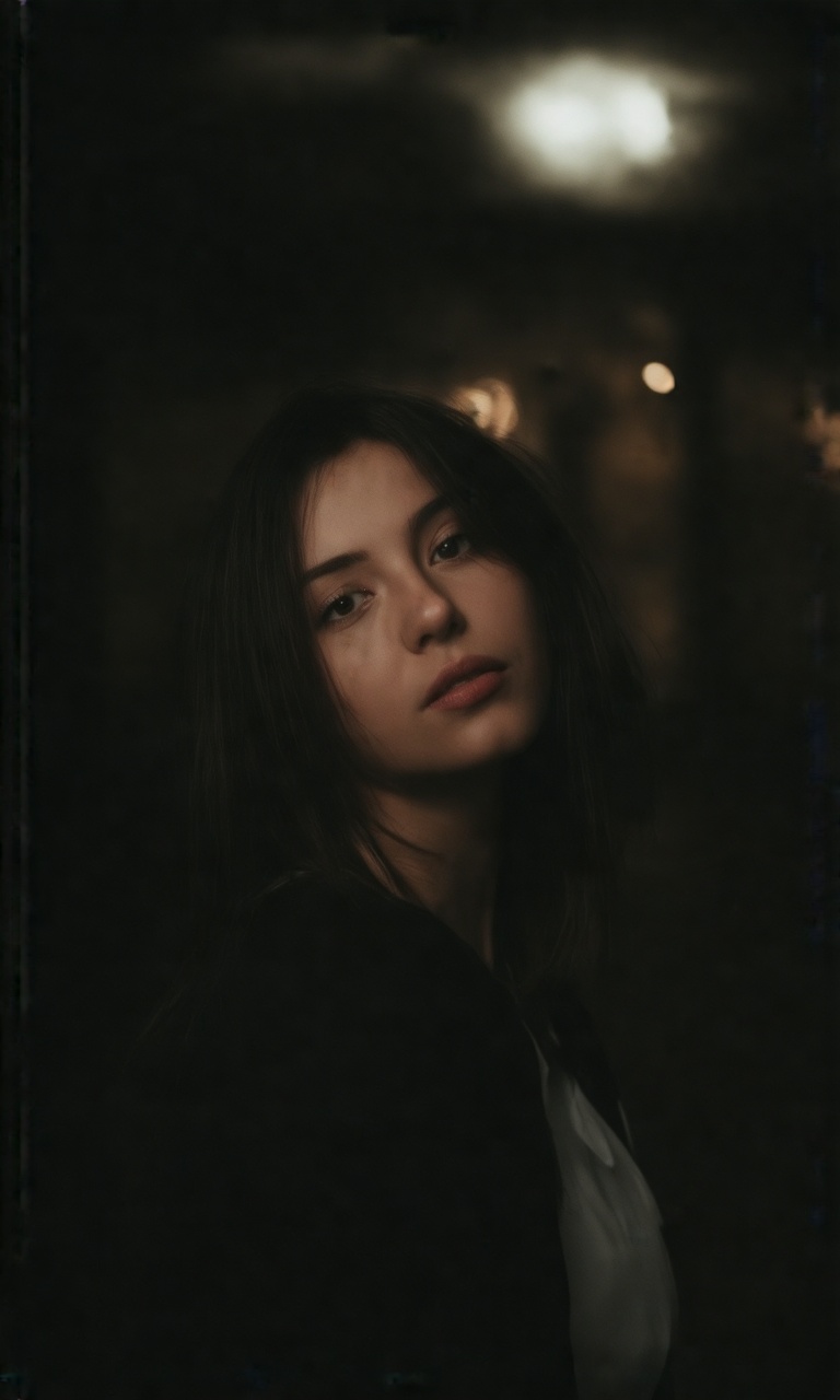 A masterpiece-level ultra-aesthetic close-up portrait of a young woman captured mid-motion as she slowly and deliberately...