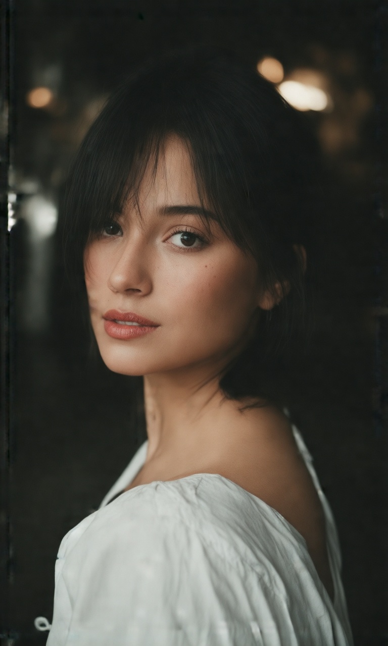 A masterpiece-level ultra-aesthetic close-up portrait of a young woman captured mid-motion as she slowly and deliberately...