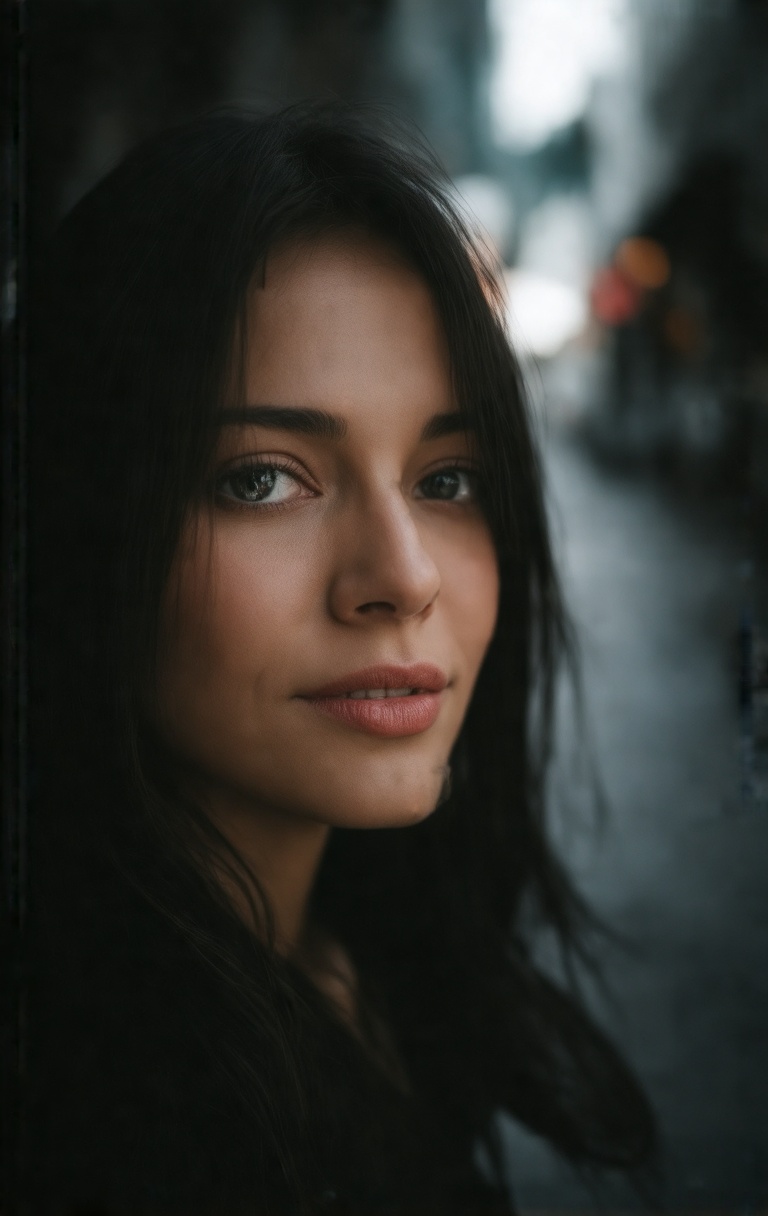 A masterpiece-level ultra-aesthetic close-up portrait of a young woman captured mid-motion as she slowly and deliberately...