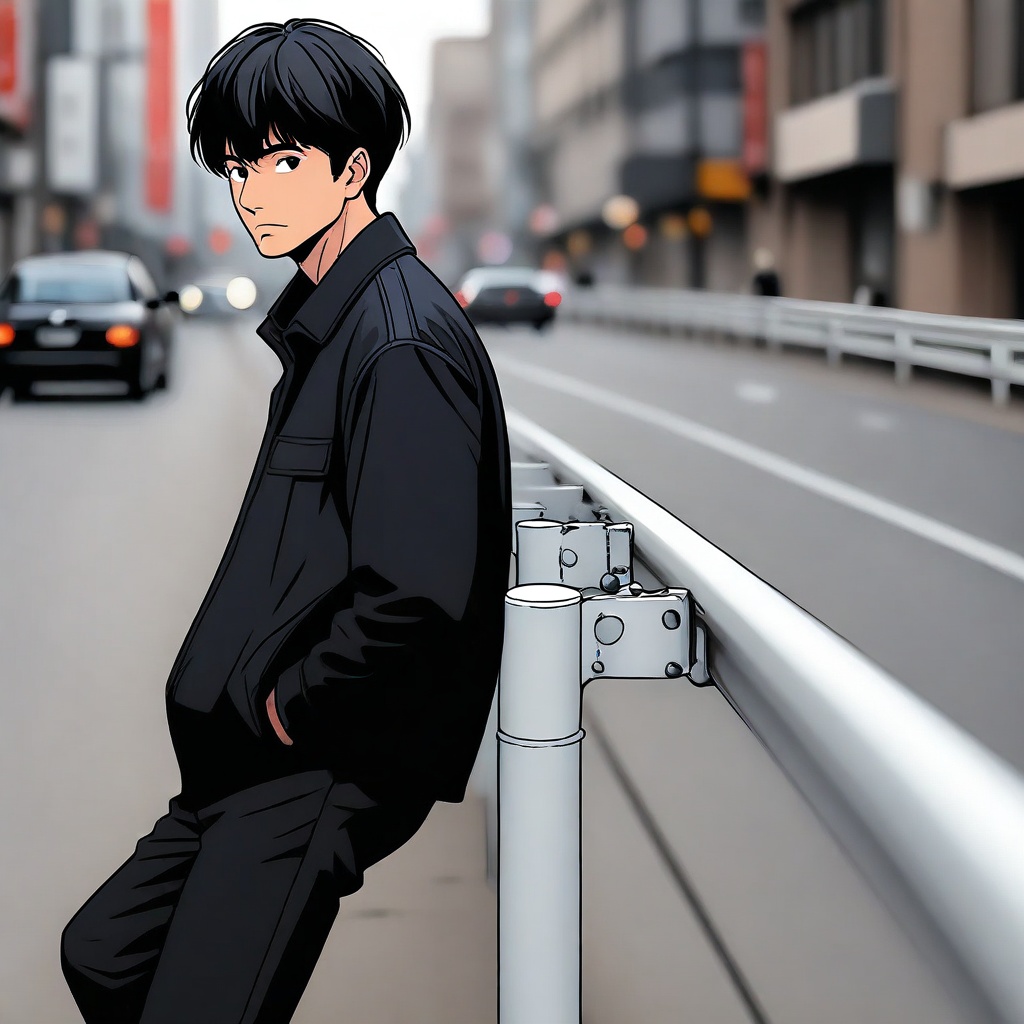 sitting on guardrail,  standing,  cowboy shot on Tensor.Art