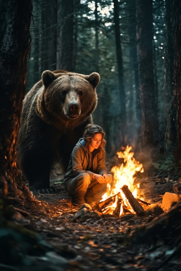 1girl,  warming herself near the campfire,  behind her was a bear on Tensor.Art