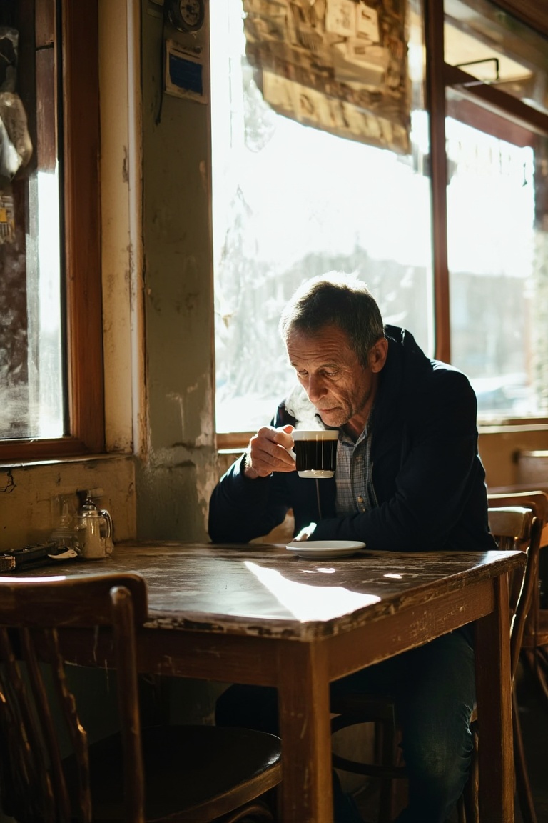 A man sits alone at a small,  rustic cafe,  surrounded by worn wooden tables and chairs. The morning sunlight streams thro...
