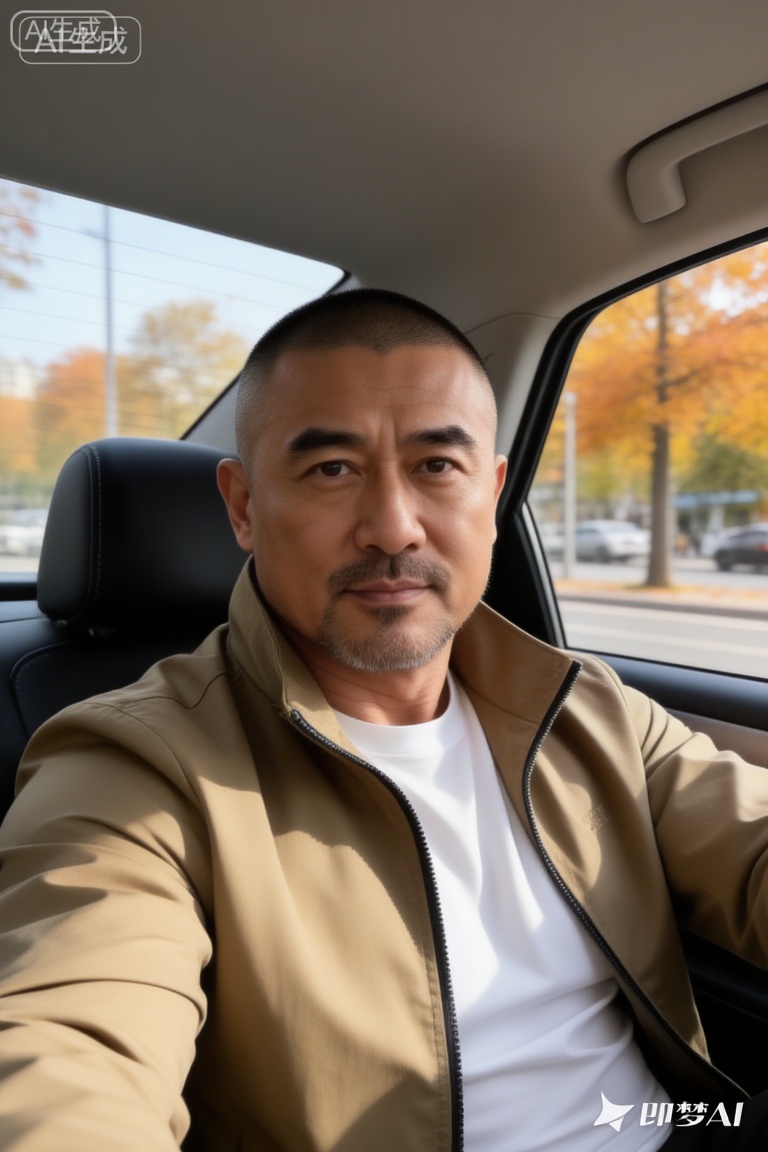 极致细节,4K壁纸,最高质量,杰作,极致清晰,
一位身材健硕的中年男性潘岩,寸头造型,留有胡须,身着卡其色拉链外套（内搭白色衣物）,坐在车内,车窗外能看到带有秋意的树木与街道,车内光线自然,