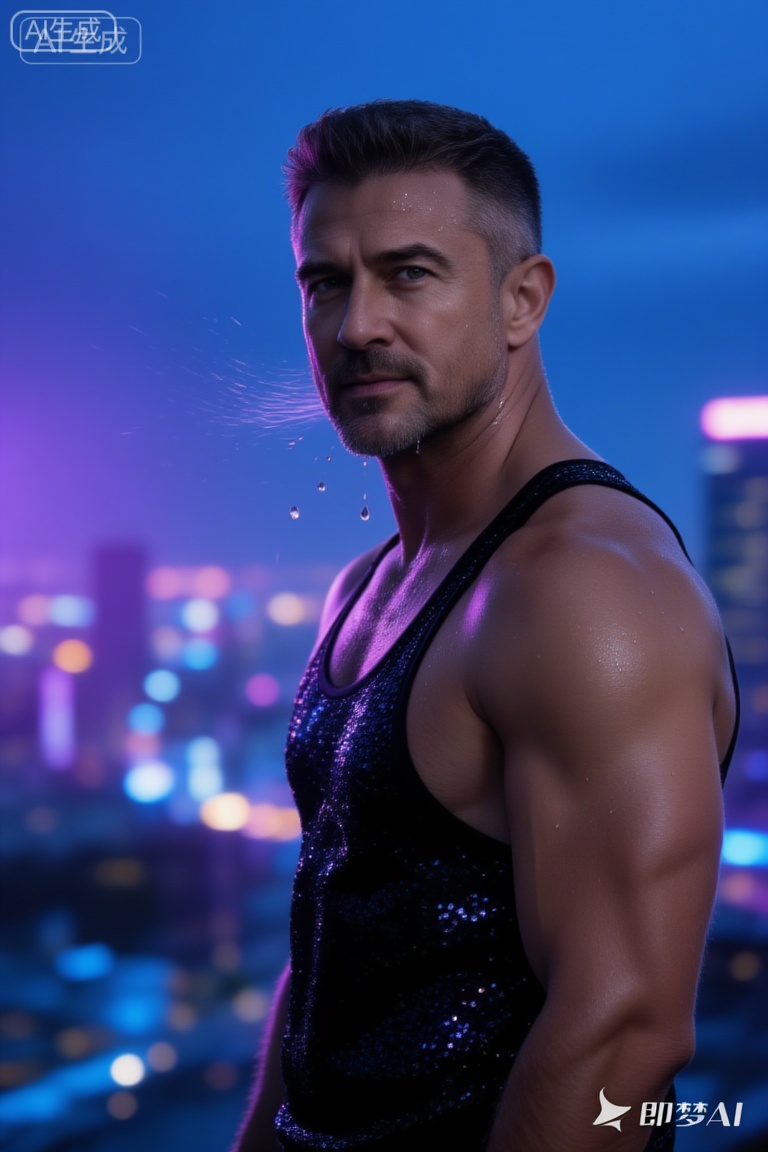 极致细节,4K壁纸,最高质量,杰作,极致清晰,最高质量,杰作,
一个中年男人潘岩,有一张硬朗、阳刚的脸和整洁的短发。他赤膊上阵,肌肉被脂肪覆盖,但身体紧绷,肌肉线条有力,置身于迷幻的蓝色与紫色霓虹灯光中,他正回眸凝视镜头,眼神充满故事感,他身着带有亮片的黑色吊带背心,脸上的汗滴被风吹起,背景是虚化的都市夜景与闪烁的灯光,摄影,照片级真实,人像模式,焦距85mm,光圈f/1.4,ISO 400,背景光斑如奶油般化开,极致细节,4K壁纸,电影感光影,
