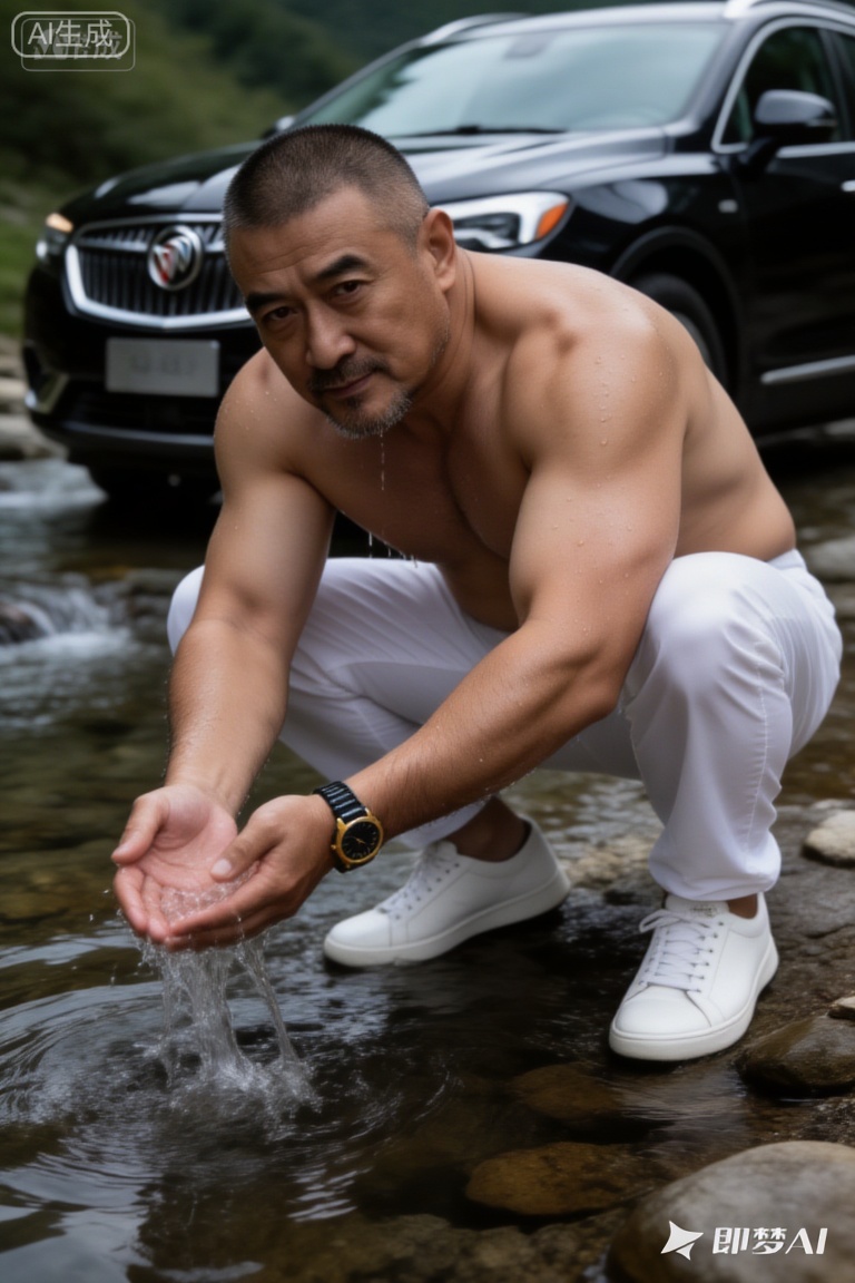 一位身材健硕的中年男性潘岩,寸头造型,留有胡须。他赤裸上身,肌肉线条明显且带有水珠,穿着白色长裤与白色板鞋,佩戴着一块黑金配色的手表。他蹲在山间溪流中,双手捧水,背景是一辆黑色的别克昂科威SUV,整体画面呈现出硬朗、野性且充满质感的户外氛围。