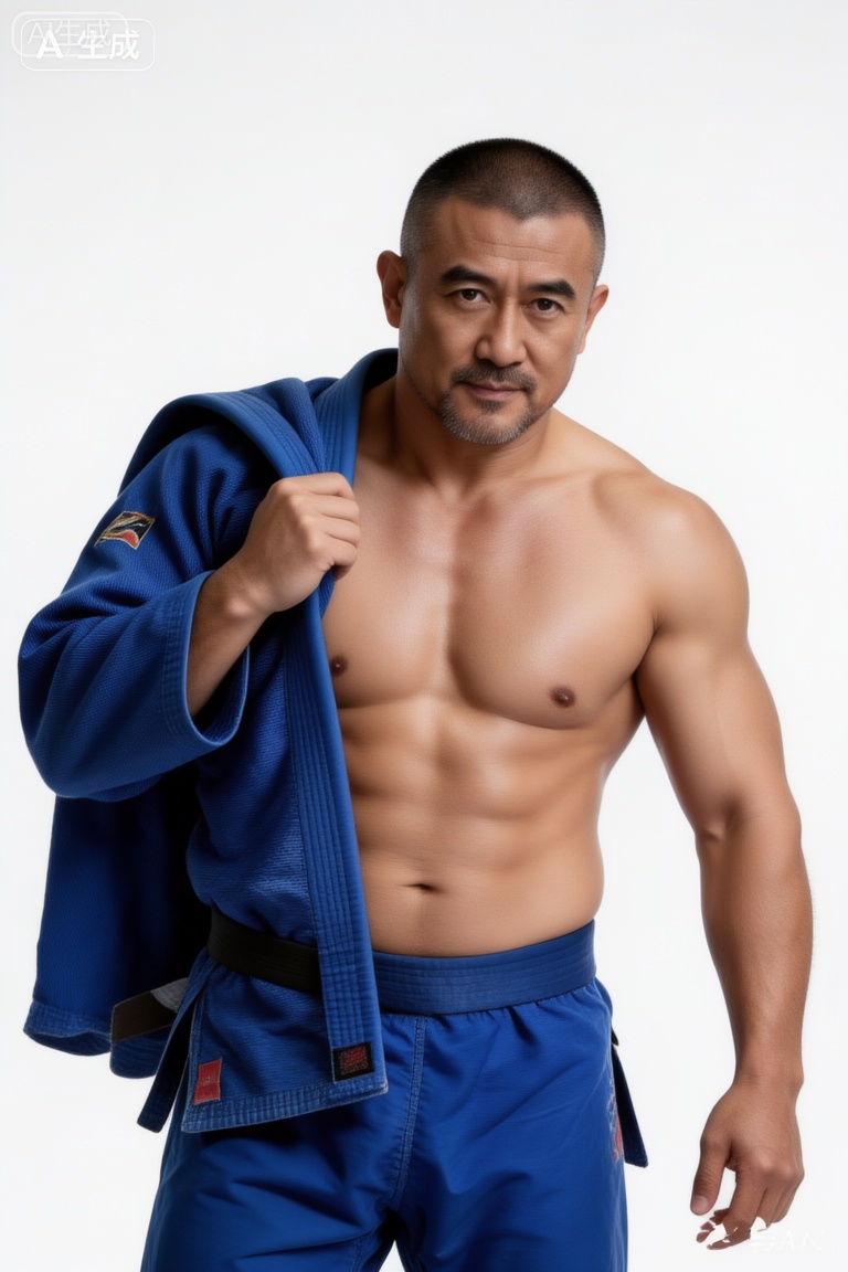 极致细节,4K壁纸,最高质量,杰作,极致清晰,极致细节,4K壁纸,最高质量,杰作,
男性, 38岁左右的中年男性潘岩,气质硬朗且充满力量感,留寸头、面部有胡须,赤裸上身（肌肉线条饱满）,穿着蓝色柔道裤,右手搭着蓝色柔道服,身处纯白背景前,整体画面光线明亮均匀。脂包肌身材,中国男人,tgywl,脂包肌身材。