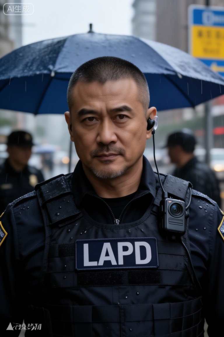一名约45岁的成熟男性特警潘岩,眼神深邃且神情刚毅。他留着干净利落的黑色短平头,下巴是一圈修剪极其整齐的胡须,透着沉稳的气质。他身穿全套黑色战术装备,胸前的防弹背心中心贴着写有“LAPD”字样的黑色铭牌,右胸位置挂载着一个带有圆形镜头的执法记录仪,左耳塞着透明的战术通讯耳机。他站立在细雨蒙蒙的都市街头,背景是模糊的蓝色遮阳伞和蓝黄相间的交通指示牌。光线柔和而冷峻,黑色战术背心的尼龙纹理上沾着细小的水珠,呈现出电影纪实质感。