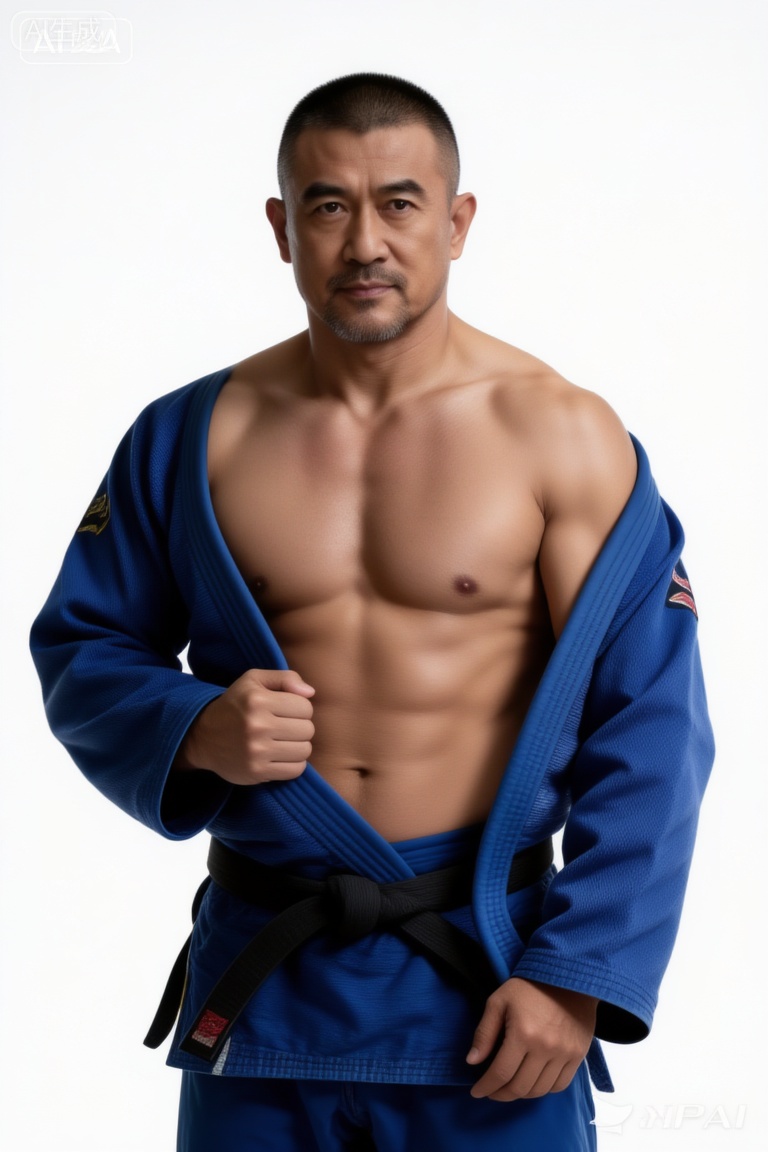 极致细节,4K壁纸,最高质量,杰作,极致清晰,极致细节,4K壁纸,最高质量,杰作,
男性, 38岁左右的中年男性潘岩,气质硬朗且充满力量感,留寸头、面部有胡须,赤裸上身（肌肉线条饱满）,穿着蓝色柔道裤,右手搭着蓝色柔道服,身处纯白背景前,整体画面光线明亮均匀。脂包肌身材,中国男人,tgywl,脂包肌身材。