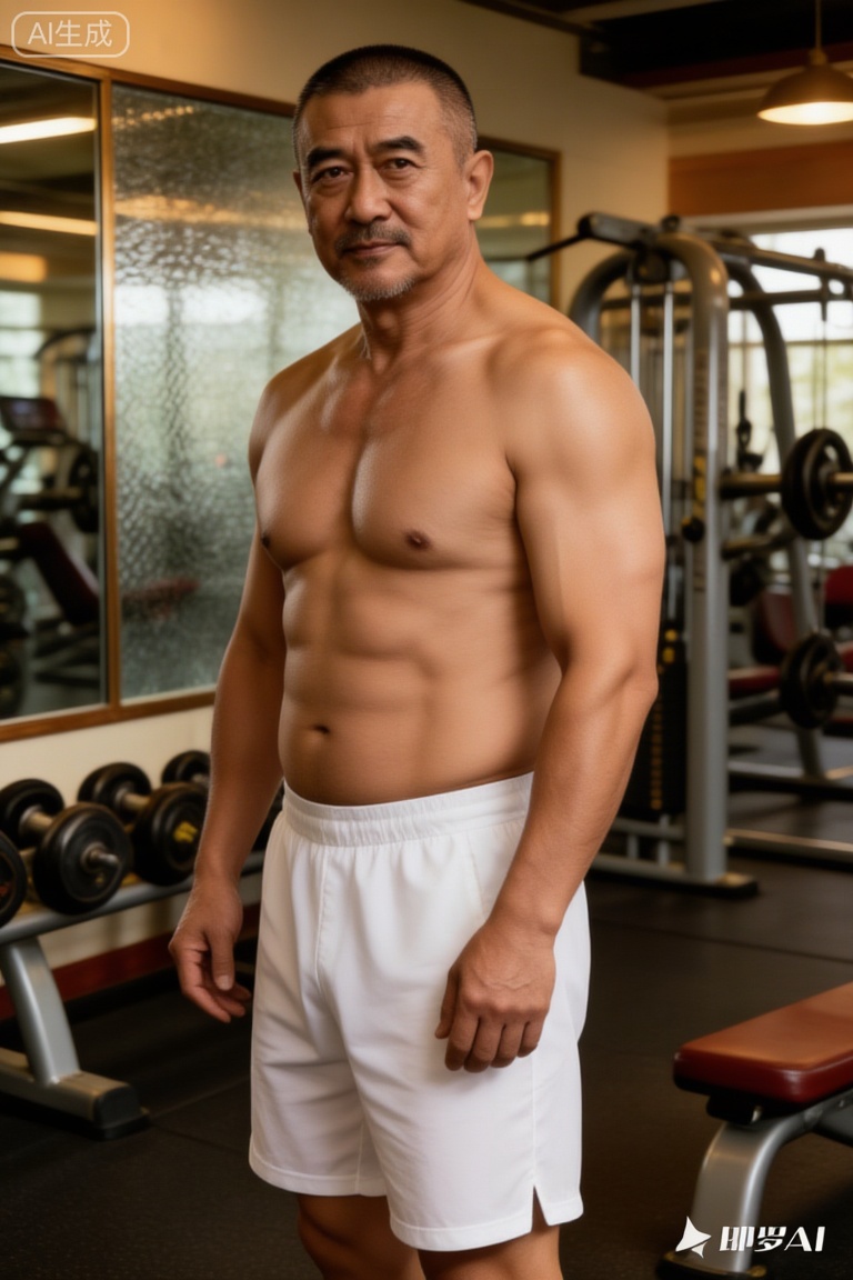 最高质量,杰作,极致清晰,在中国, 50岁左右的中年男性潘岩,气质沉稳且充满力量感,留着寸头、面部有胡须,赤裸上身（肌肉线条匀称结实）,穿着白色短裤,身处健身房内（背景有健身器械、带有纹理的玻璃墙与镜子,暖调光线营造出复古氛围）,脂包肌身材。