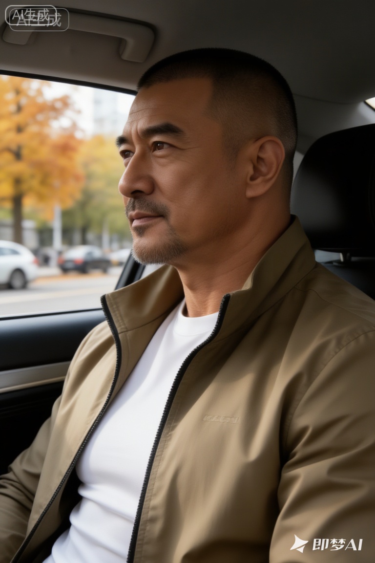 极致细节,4K壁纸,最高质量,杰作,极致清晰,
一位身材健硕的中年男性潘岩,寸头造型,留有胡须,身着卡其色拉链外套（内搭白色衣物）,坐在车内,车窗外能看到带有秋意的树木与街道,车内光线自然,