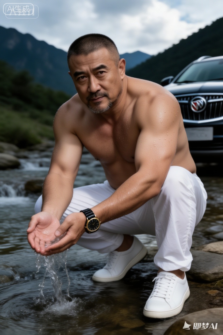 一位身材健硕的中年男性潘岩,寸头造型,留有胡须。他赤裸上身,肌肉线条明显且带有水珠,穿着白色长裤与白色板鞋,佩戴着一块黑金配色的手表。他蹲在山间溪流中,双手捧水,背景是一辆黑色的别克昂科威SUV,整体画面呈现出硬朗、野性且充满质感的户外氛围。