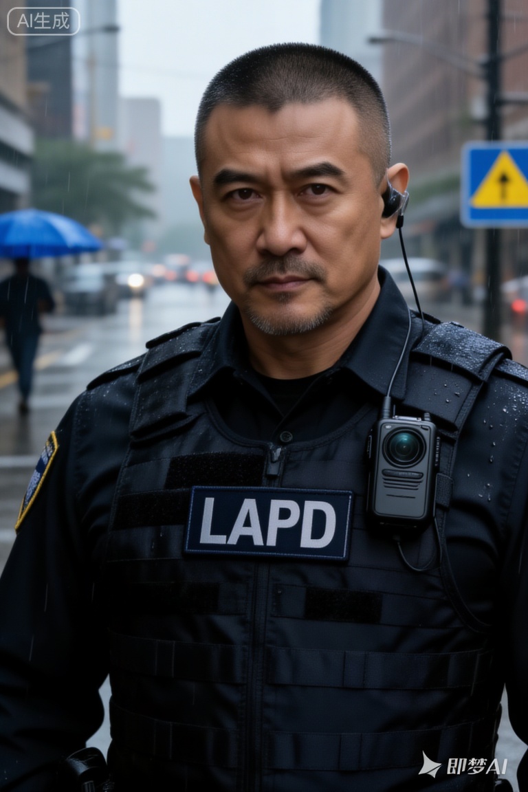 一名约45岁的成熟男性特警潘岩,眼神深邃且神情刚毅。他留着干净利落的黑色短平头,下巴是一圈修剪极其整齐的胡须,透着沉稳的气质。他身穿全套黑色战术装备,胸前的防弹背心中心贴着写有“LAPD”字样的黑色铭牌,右胸位置挂载着一个带有圆形镜头的执法记录仪,左耳塞着透明的战术通讯耳机。他站立在细雨蒙蒙的都市街头,背景是模糊的蓝色遮阳伞和蓝黄相间的交通指示牌。光线柔和而冷峻,黑色战术背心的尼龙纹理上沾着细小的水珠,呈现出电影纪实质感。