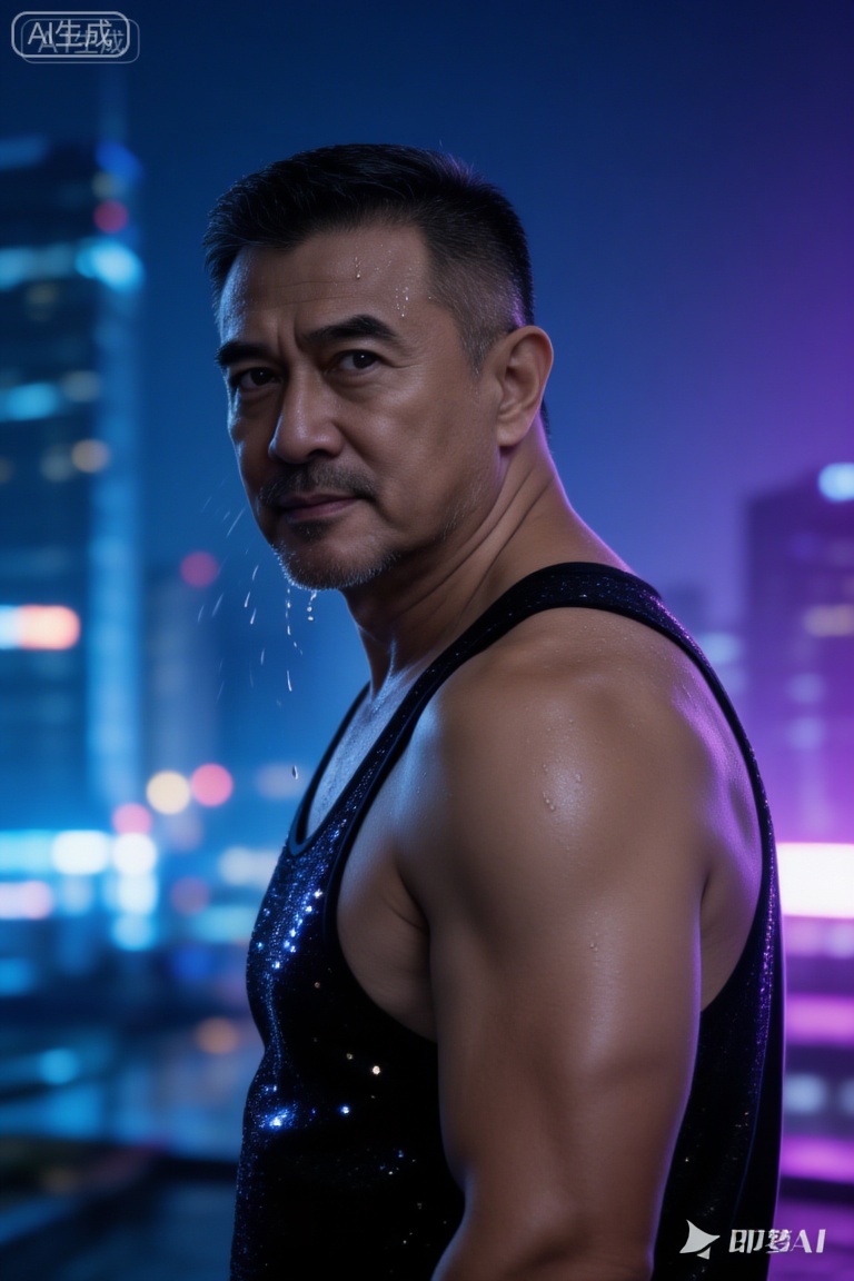 极致细节,4K壁纸,最高质量,杰作,极致清晰,最高质量,杰作,
一个中年男人潘岩,有一张硬朗、阳刚的脸和整洁的短发。他赤膊上阵,肌肉被脂肪覆盖,但身体紧绷,肌肉线条有力,置身于迷幻的蓝色与紫色霓虹灯光中,他正回眸凝视镜头,眼神充满故事感,他身着带有亮片的黑色吊带背心,脸上的汗滴被风吹起,背景是虚化的都市夜景与闪烁的灯光,摄影,照片级真实,人像模式,焦距85mm,光圈f/1.4,ISO 400,背景光斑如奶油般化开,极致细节,4K壁纸,电影感光影,