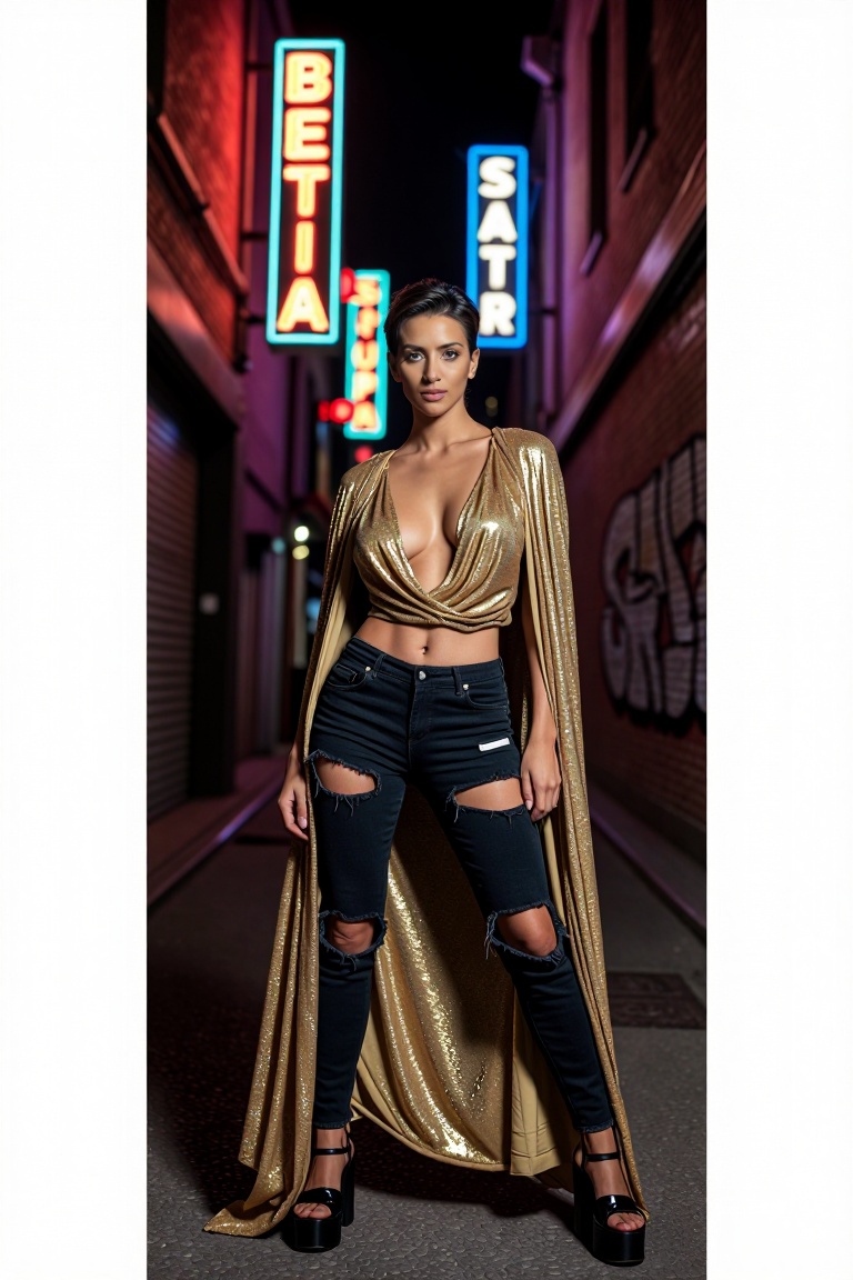 The image depicts a person standing in a narrow alleyway at night,  illuminated by vibrant neon signs. The person is weari...
