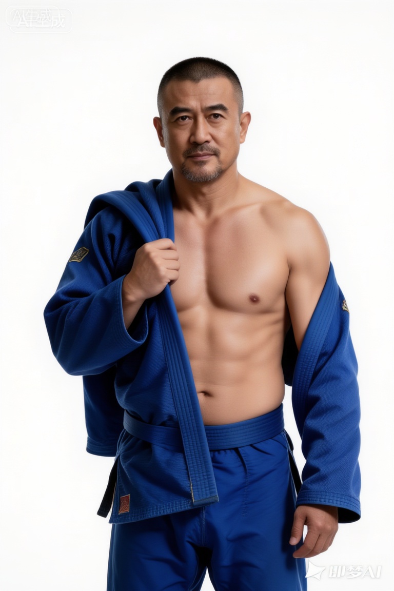 极致细节,4K壁纸,最高质量,杰作,极致清晰,极致细节,4K壁纸,最高质量,杰作,
男性, 38岁左右的中年男性潘岩,气质硬朗且充满力量感,留寸头、面部有胡须,赤裸上身（肌肉线条饱满）,穿着蓝色柔道裤,右手搭着蓝色柔道服,身处纯白背景前,整体画面光线明亮均匀。脂包肌身材,中国男人,tgywl,脂包肌身材。