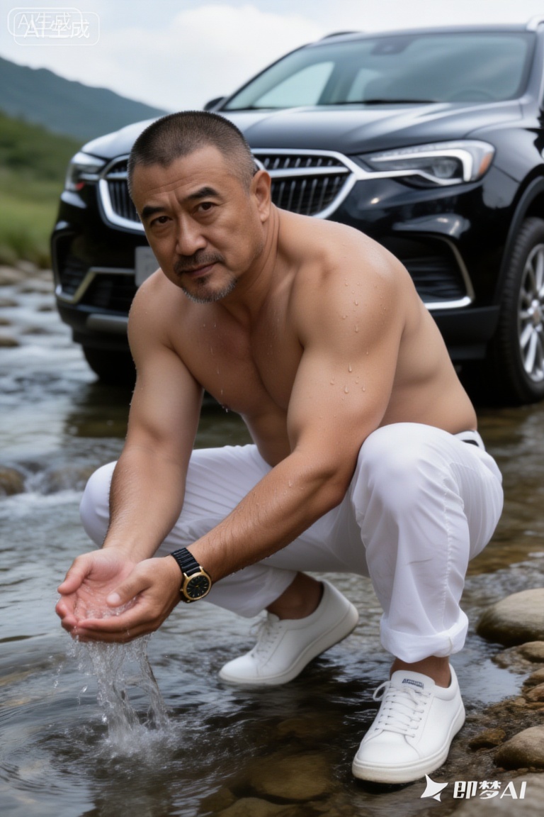 一位身材健硕的中年男性潘岩,寸头造型,留有胡须。他赤裸上身,肌肉线条明显且带有水珠,穿着白色长裤与白色板鞋,佩戴着一块黑金配色的手表。他蹲在山间溪流中,双手捧水,背景是一辆黑色的别克昂科威SUV,整体画面呈现出硬朗、野性且充满质感的户外氛围。