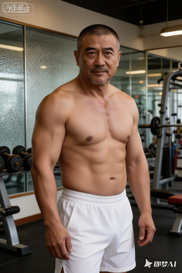 最高质量,杰作,极致清晰,在中国, 50岁左右的中年男性潘岩,气质沉稳且充满力量感,留着寸头、面部有胡须,赤裸上身（肌肉线条匀称结实）,穿着白色短裤,身处健身房内（背景有健身器械、带有纹理的玻璃墙与镜子,暖调光线营造出复古氛围）,脂包肌身材。
