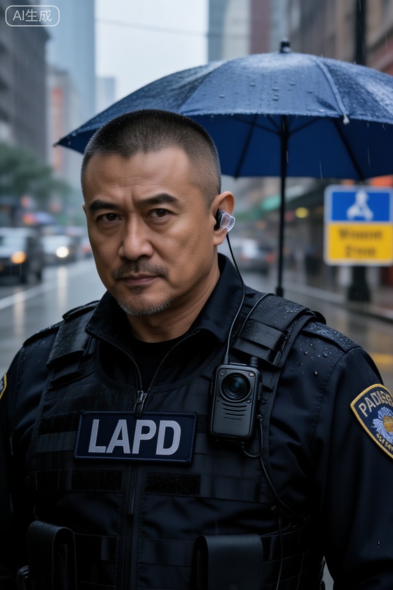 一名约45岁的成熟男性特警潘岩,眼神深邃且神情刚毅。他留着干净利落的黑色短平头,下巴是一圈修剪极其整齐的胡须,透着沉稳的气质。他身穿全套黑色战术装备,胸前的防弹背心中心贴着写有“LAPD”字样的黑色铭牌,右胸位置挂载着一个带有圆形镜头的执法记录仪,左耳塞着透明的战术通讯耳机。他站立在细雨蒙蒙的都市街头,背景是模糊的蓝色遮阳伞和蓝黄相间的交通指示牌。光线柔和而冷峻,黑色战术背心的尼龙纹理上沾着细小的水珠,呈现出电影纪实质感。