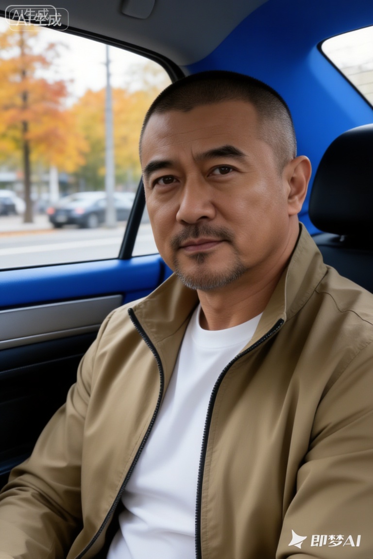 极致细节,4K壁纸,最高质量,杰作,极致清晰,
一位身材健硕的中年男性潘岩,寸头造型,留有胡须,身着卡其色拉链外套（内搭白色衣物）,坐在车内,车窗外能看到带有秋意的树木与街道,车内光线自然,