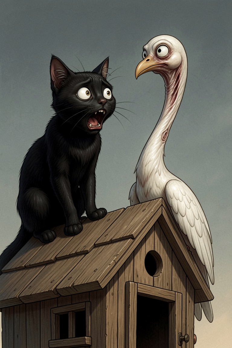 zidiusArt,  black cat is looking in shock at deformed and elongated white bird looking at it. Cat is atop of birdhouse. Ca...