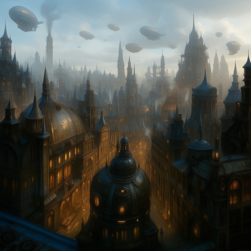 depicting a sprawling,  fantastical cityscape with a steampunk aesthetic. The layout is a wide panoramic view showcasing a...