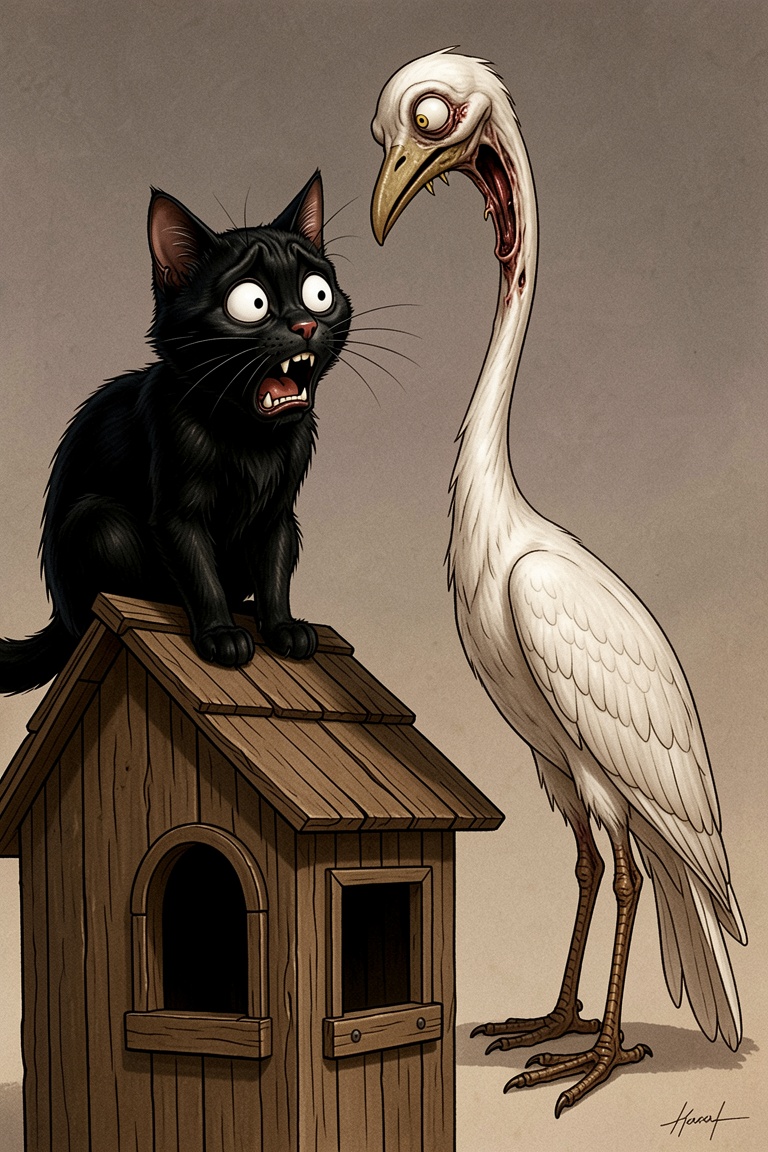 zidiusArt,  black cat is looking in shock at deformed and elongated white bird looking at it. Cat is atop of birdhouse. Ca...