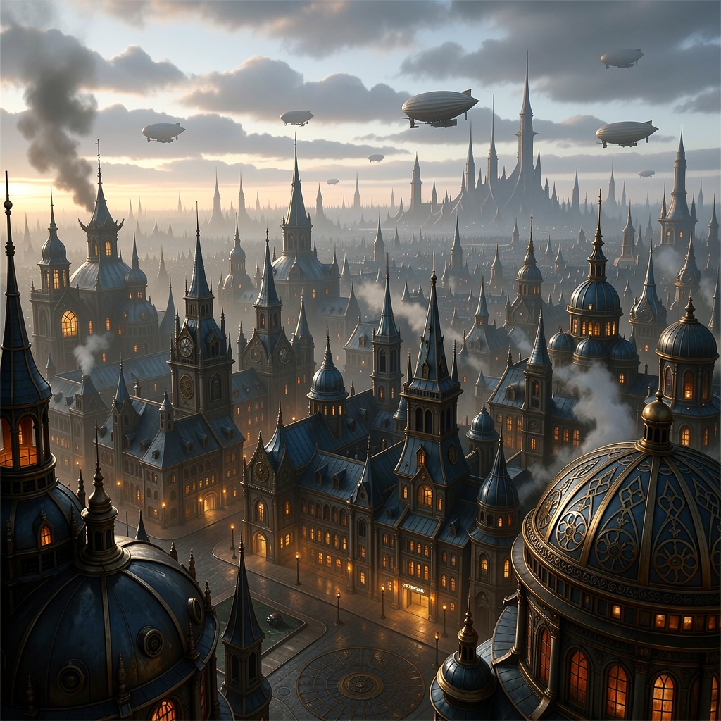 depicting a sprawling,  fantastical cityscape with a steampunk aesthetic. The layout is a wide panoramic view showcasing a...