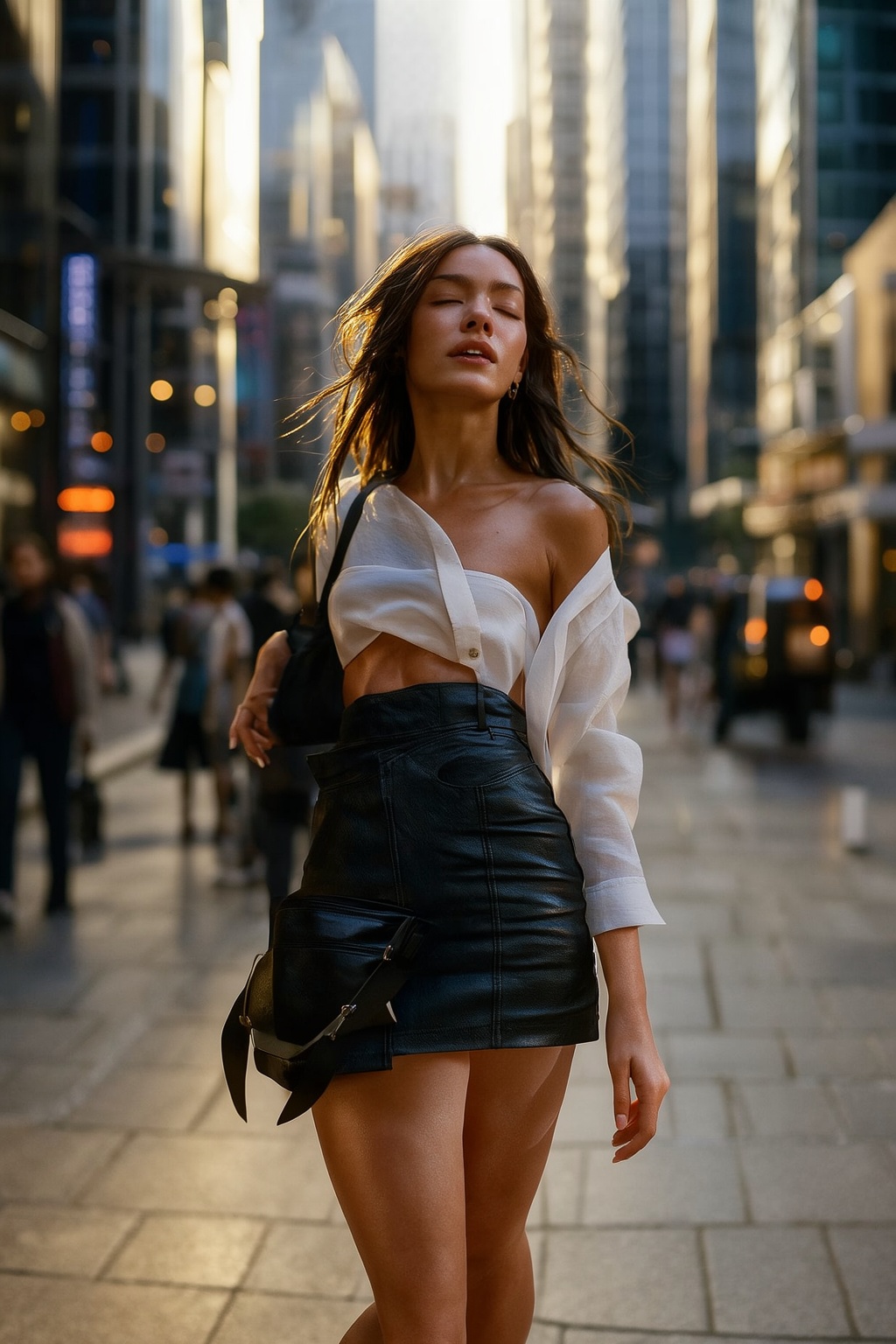 A cityscape stroll portrait featuring a beautiful lady in a miniskirt,  gracefully exploring the urban landscape,  shot by...
