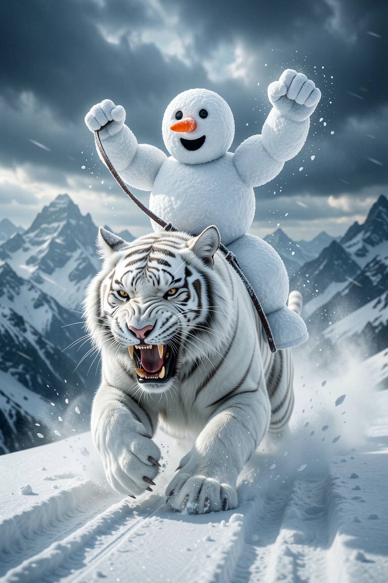 An ultra-realistic dynamic action scene set atop a storm-swept snowy mountain ridge,  capturing a massive white tiger mid-...