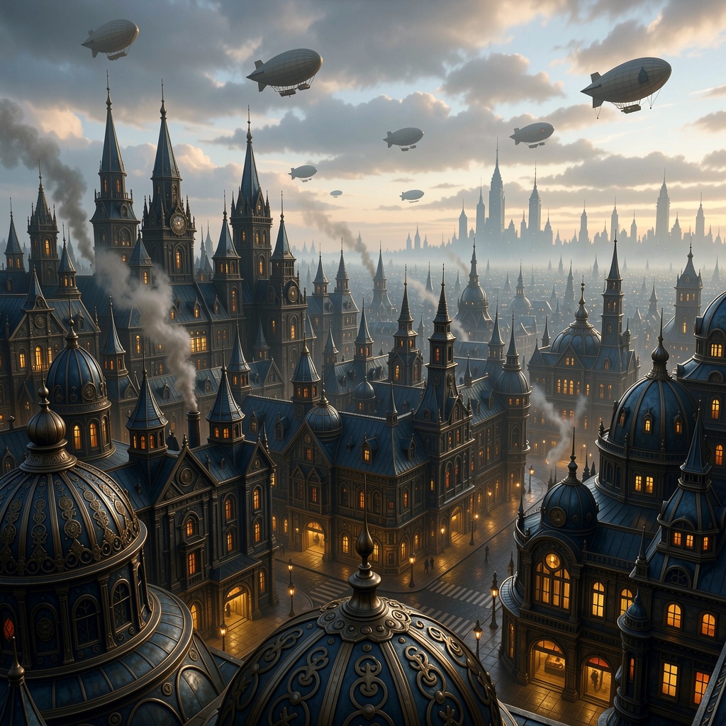 depicting a sprawling,  fantastical cityscape with a steampunk aesthetic. The layout is a wide panoramic view showcasing a...