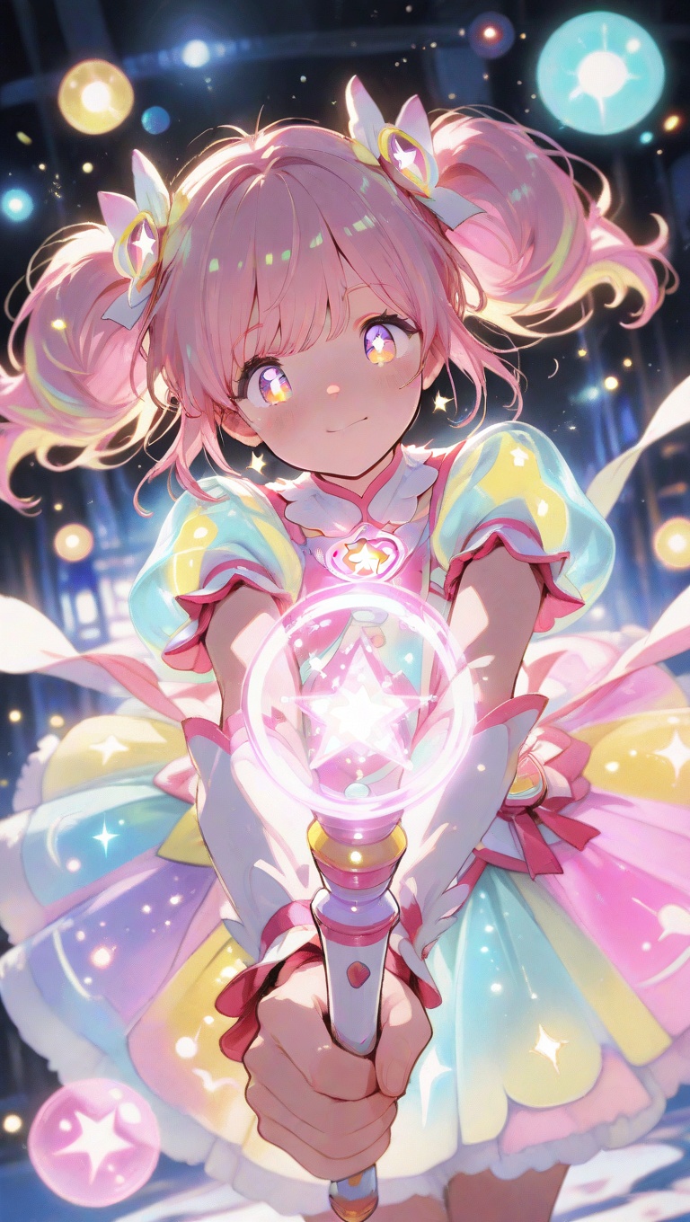 Try holding a glowing wand close to your face and create a cute magical girl fight. She has warm cheeks,  bright eyes,  an...