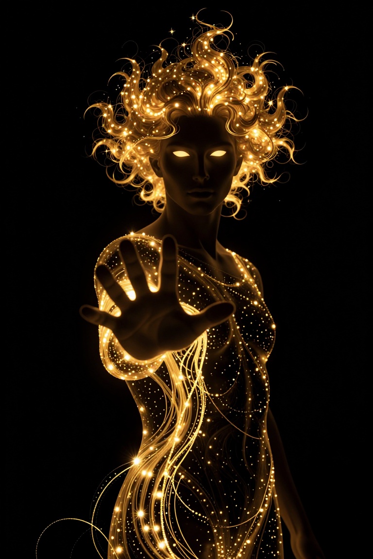 A figure in complete silhouette against absolute black void. Their form is defined solely by luminous golden energy: curly...