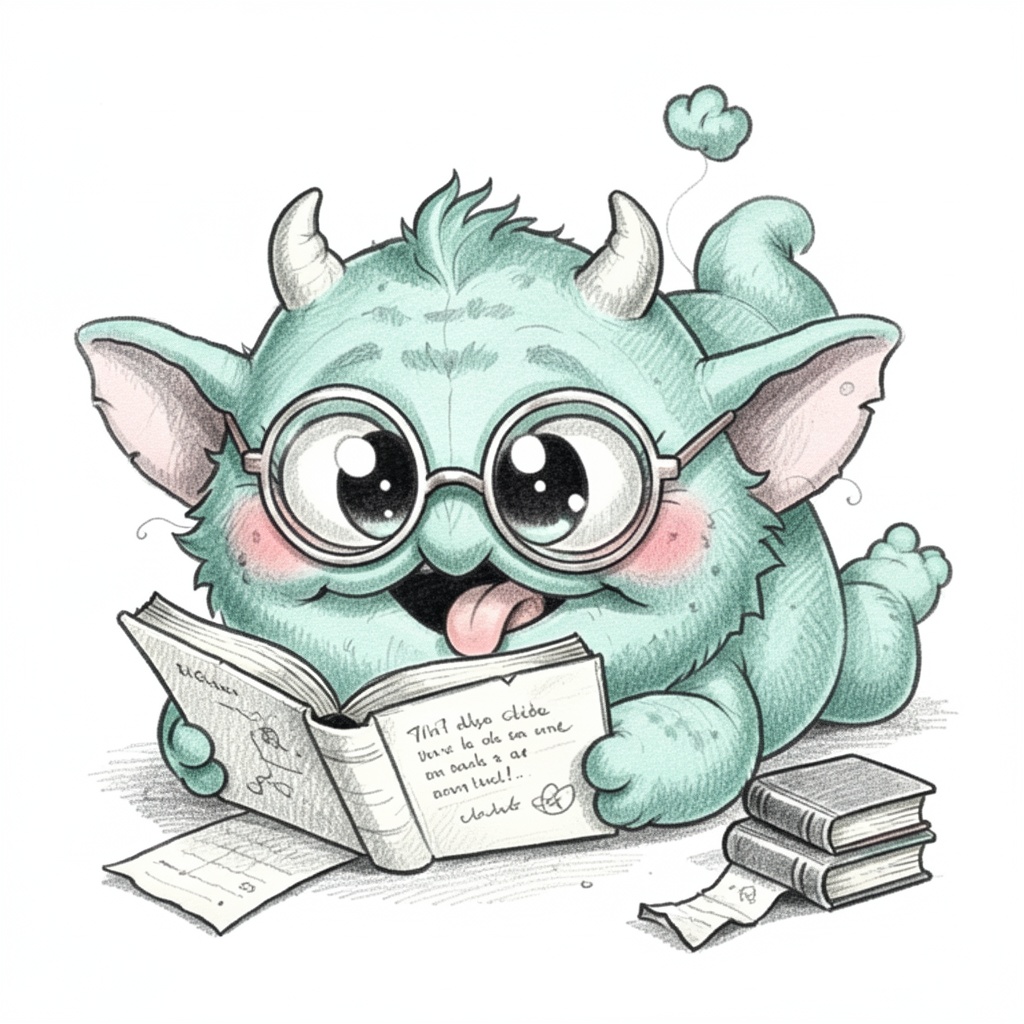 Chris_Ryniak_Scribble Style,  whimsical pencil illustration,  cute plump gremlin-like monster with fuzzy teal fur on Tenso...