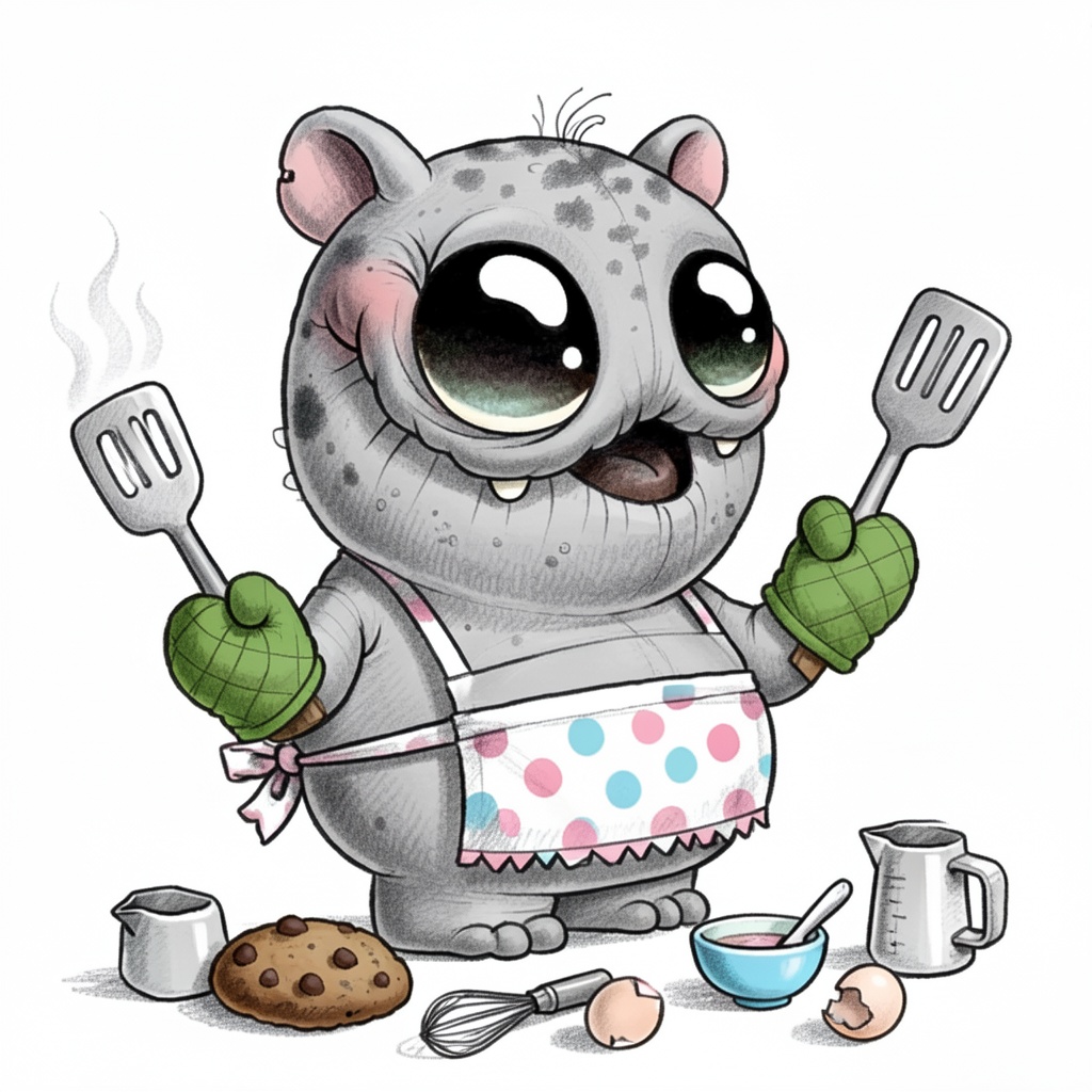 Chris_Ryniak_Scribble Style,  this illustration features a plump,  whimsical grey monster with a joyous and wide-eyed expr...
