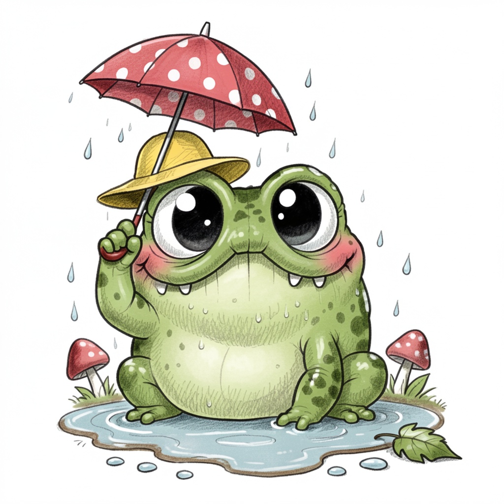 Chris_Ryniak_Scribble Style,  whimsical doodle illustration,  adorable squat toad monster with glossy olive-green skin dot...