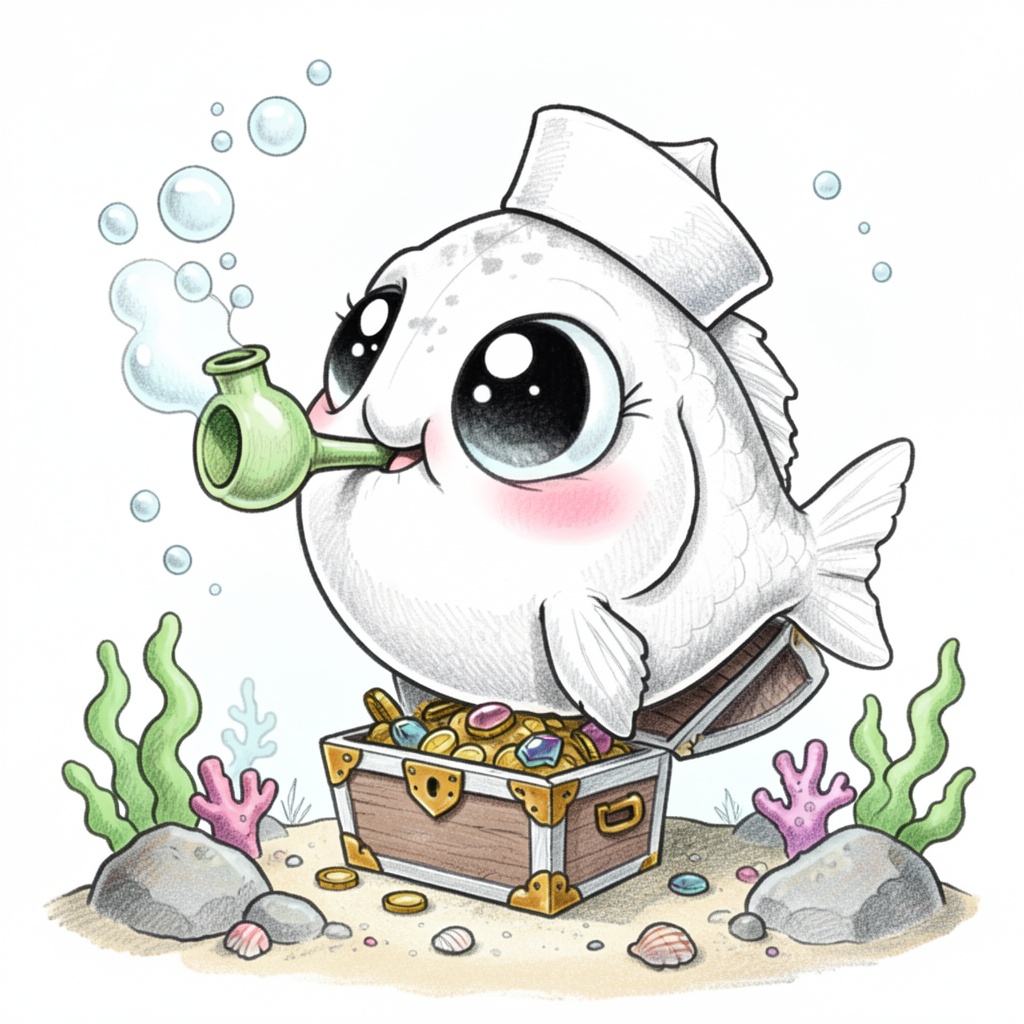 Chris_Ryniak_Scribble Style,  whimsical hand-drawn illustration,  adorable chubby cartoon fish with soft white-gray body o...