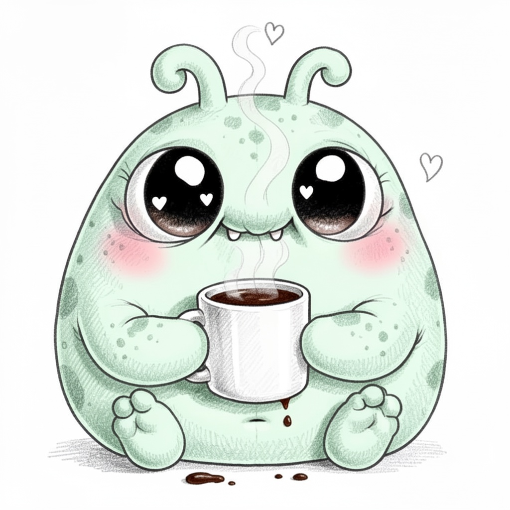 Chris_Ryniak_Scribble Style,  whimsical hand-drawn illustration,  super chubby round blob monster with soft mint-green ski...